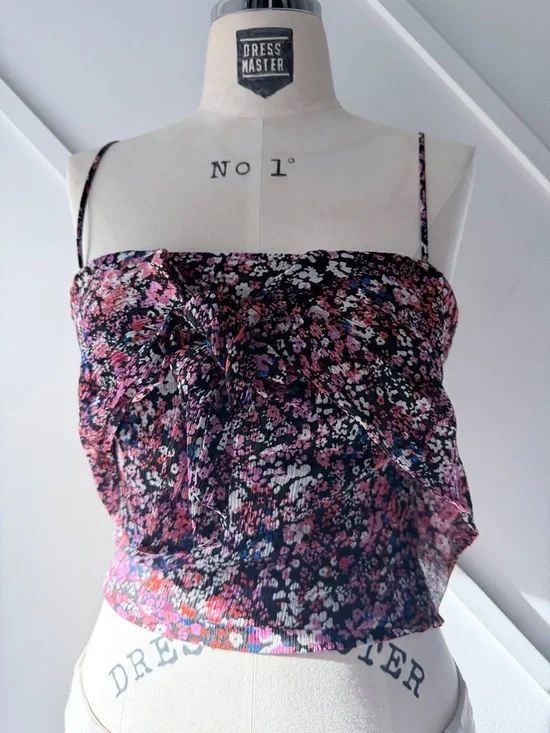 Maje Floral Silk Crop Top Black Pink (3/S) | Sleeveless Parisian Chic Summer - Picture 3 of 13
